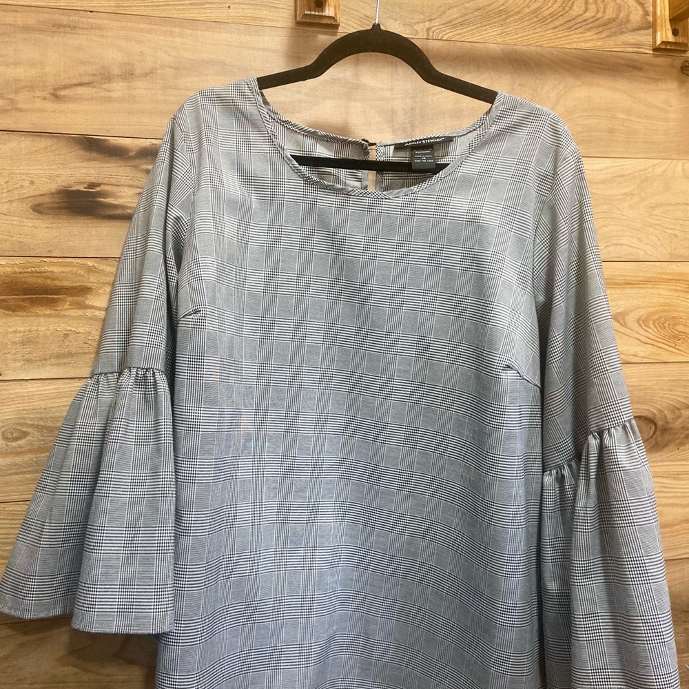 Ashley Stewart Black and White Plaid Bell Sleeve Top